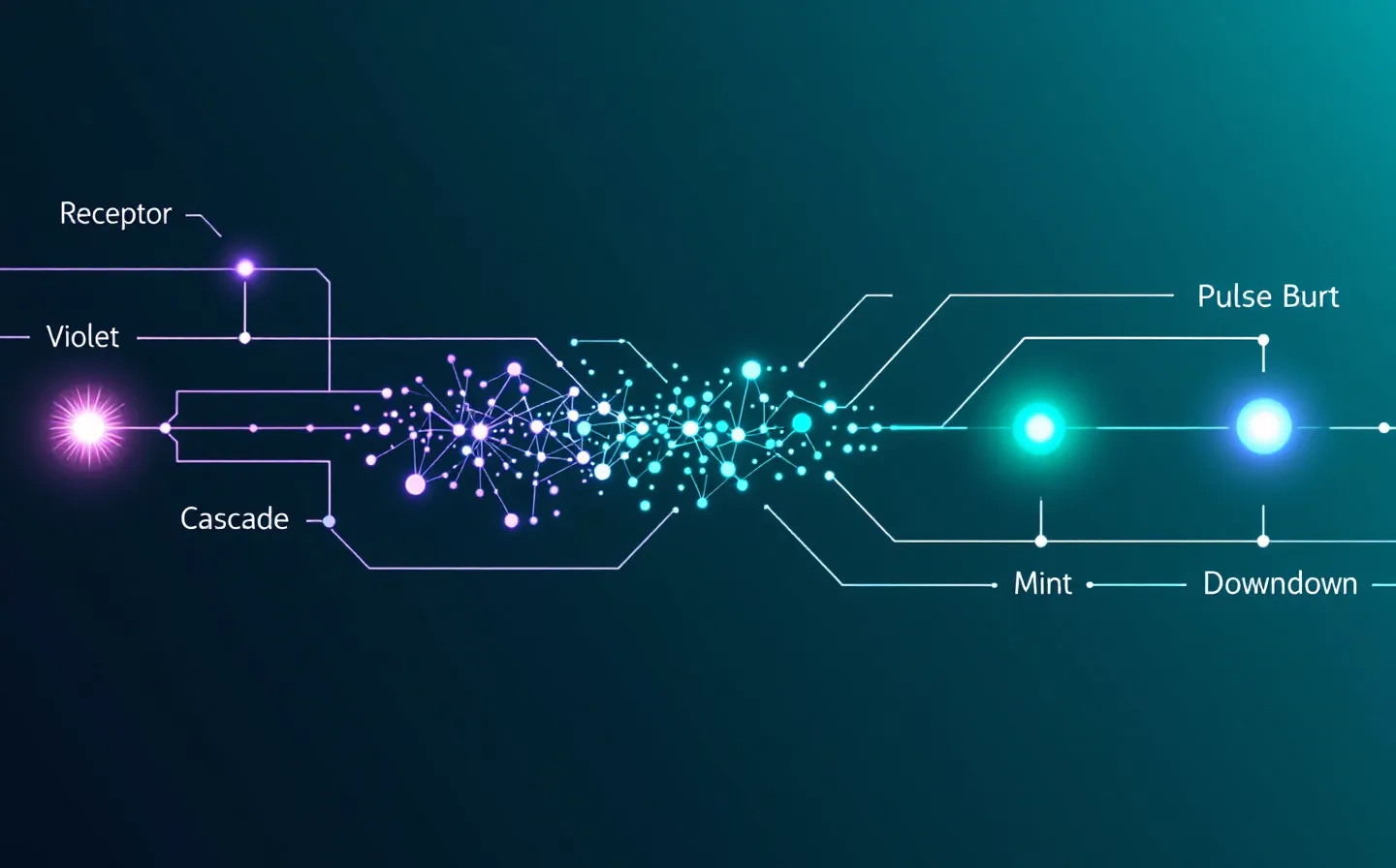 Luminous teal generative-console schematic of an abstract neural signal-flow — a chain of glowing nodes connected by streaming lines converging on a bright downstream node, with one violet upstream node, on a deep teal-ink ground